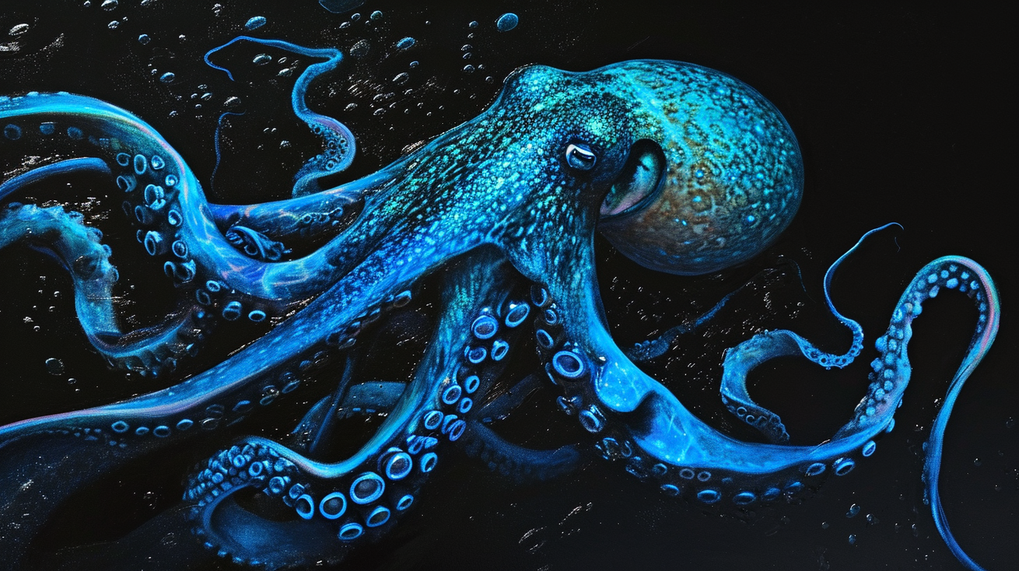 majestic blue squid in dark ink water