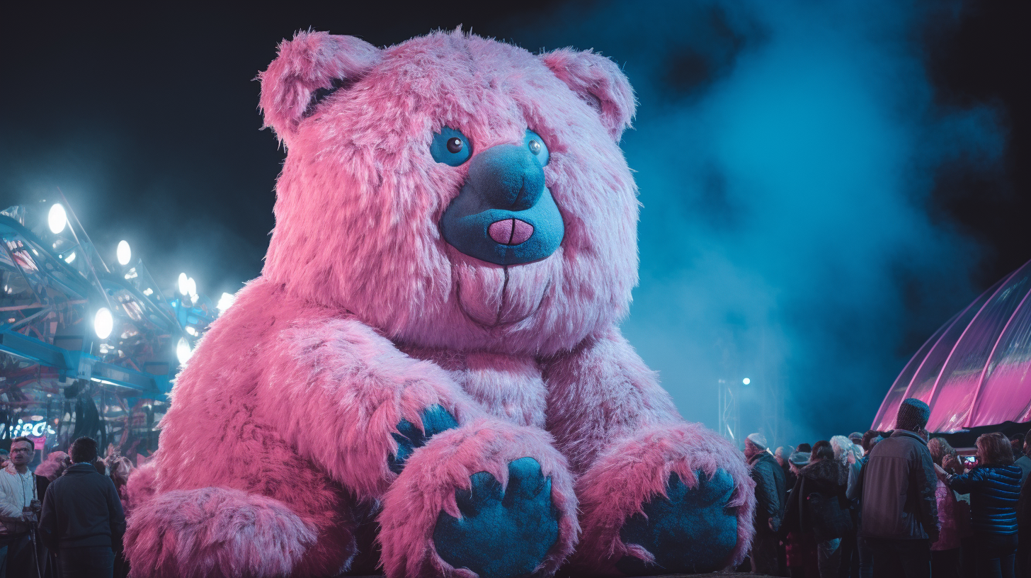 Adorable blue and pink fuzzy teddy bear at carnival