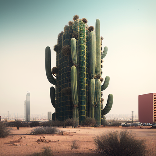 A majestic giant cactus surrounding a tall building