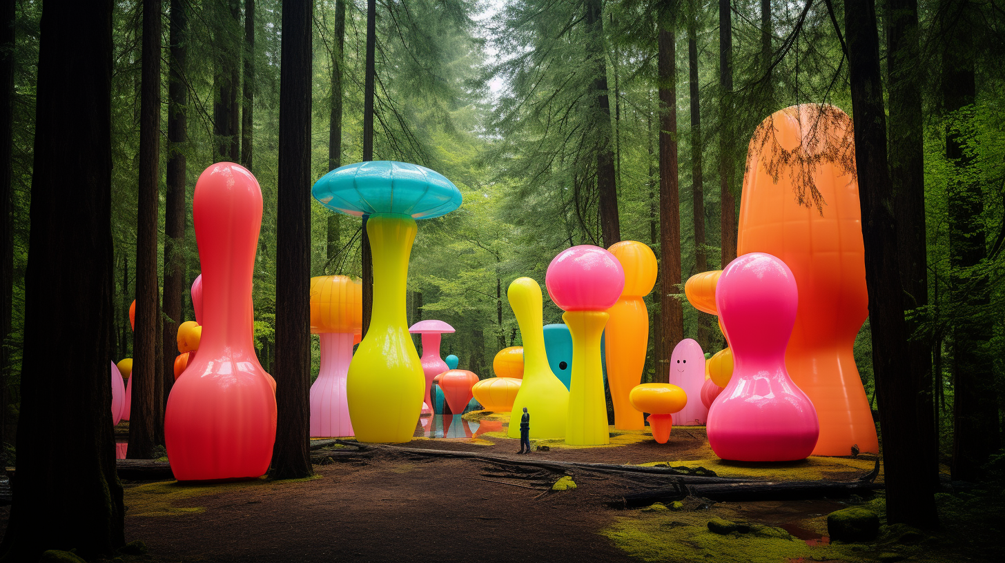 Vibrant art installations in a forest near a lake