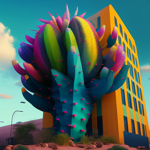 Colorful cactus surrounding a tall building