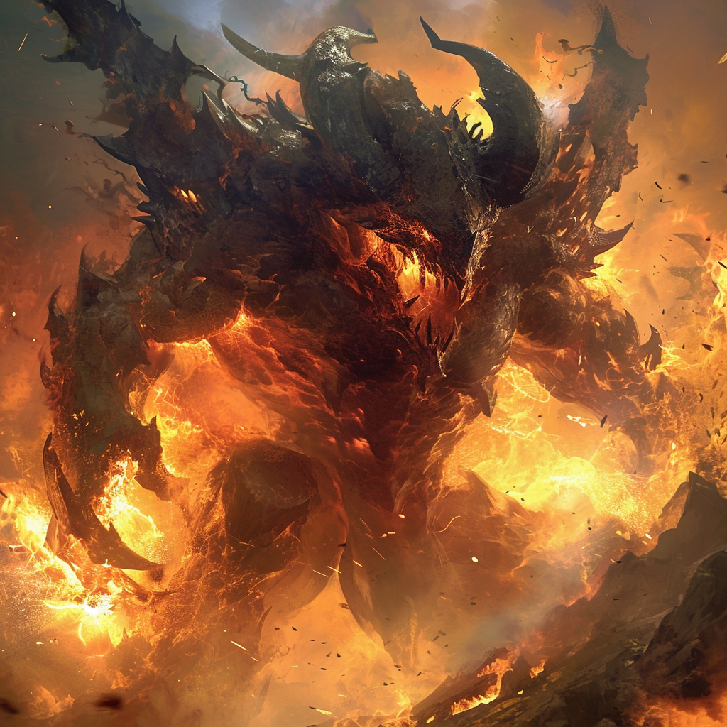 Fierce giant creature surrounded by flames and smoke