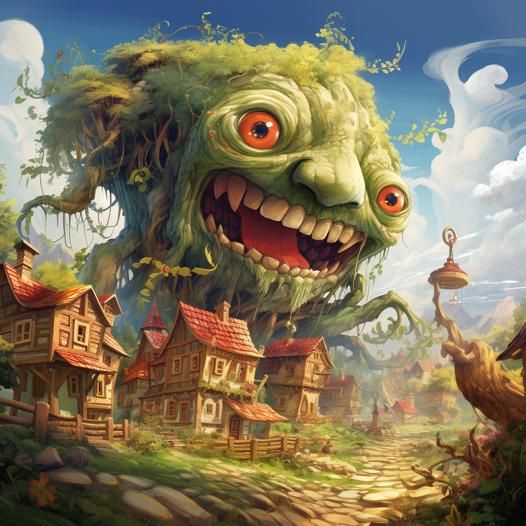 Colorful fairytale illustration of a giant destroying a village