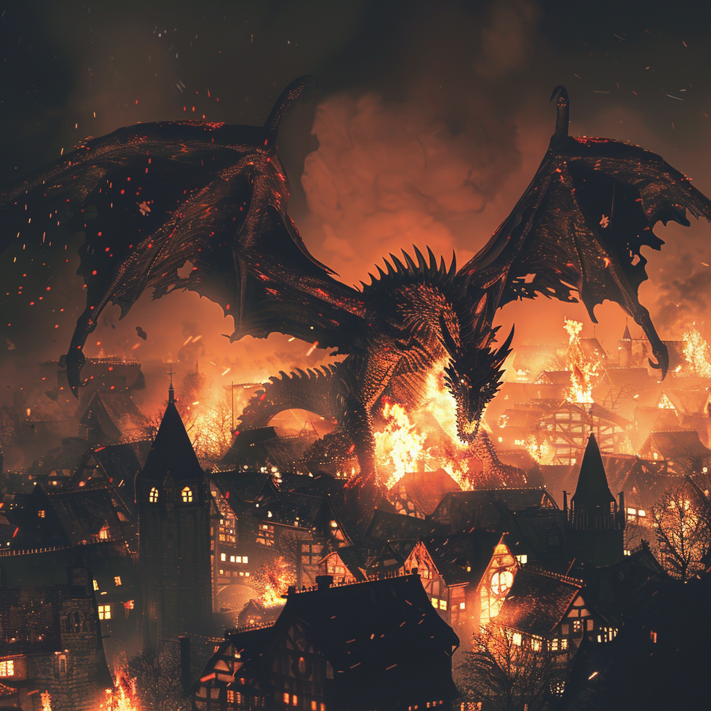 Giant dragon in burning medieval town