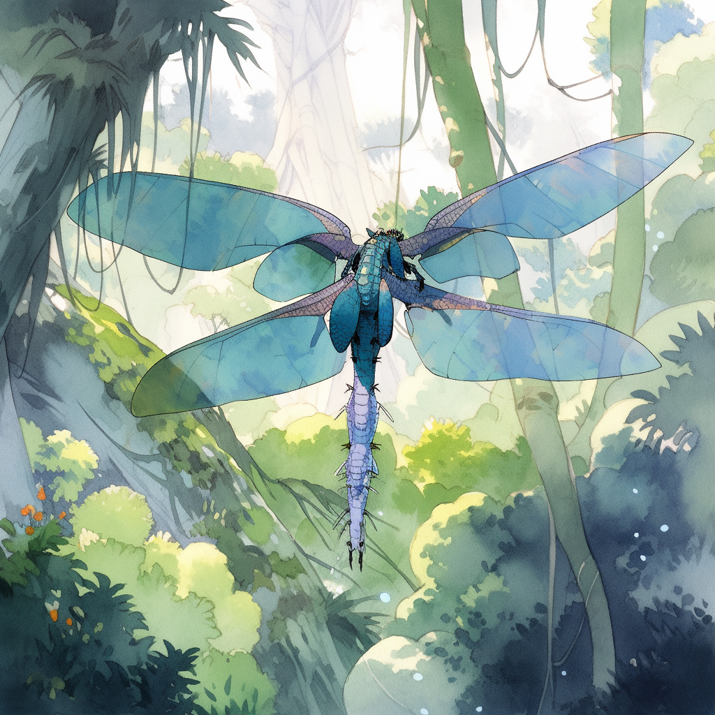 Beautiful Giant Dragonfly in Ghibli-style Watercolour