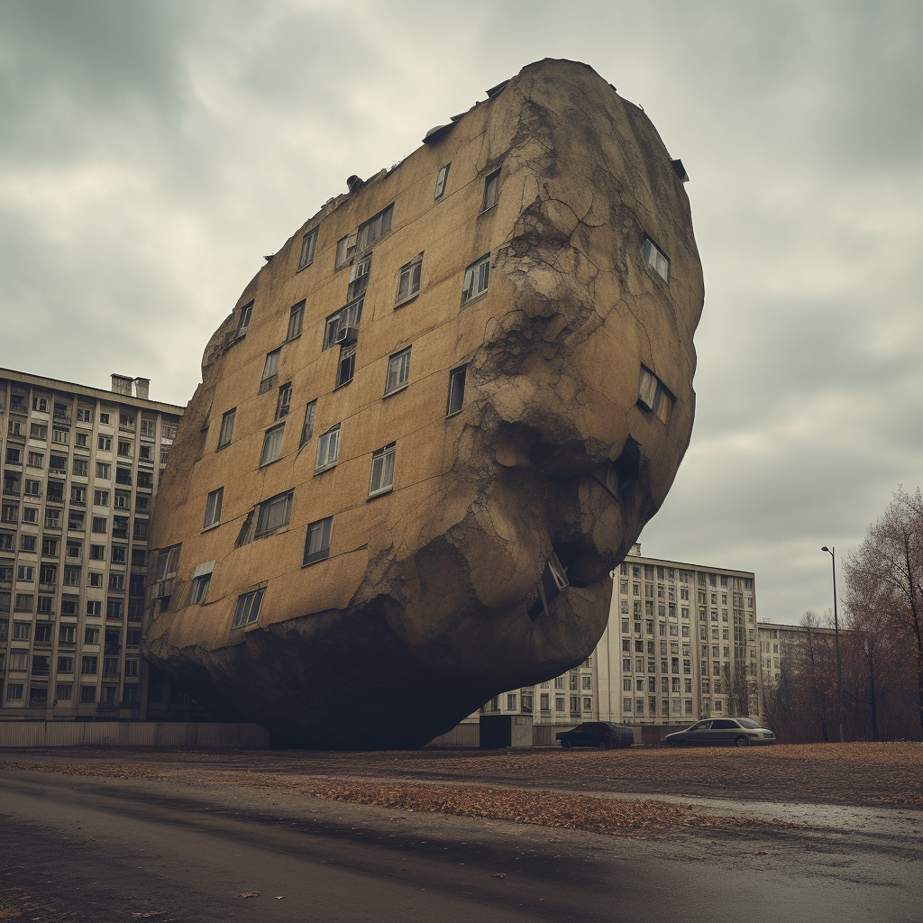 Giant flattened potato over dystopian building