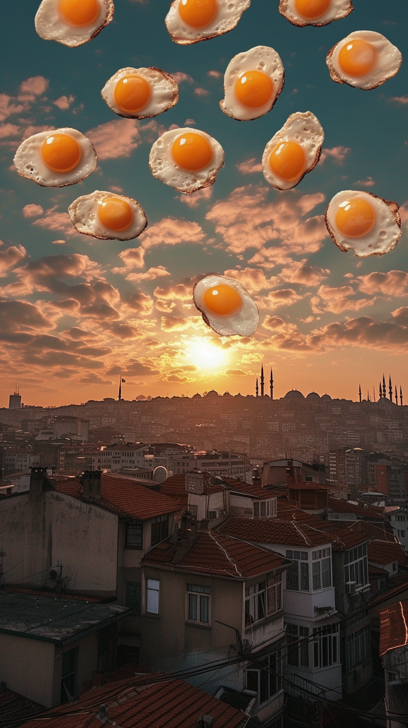 Giant fried eggs floating in Istanbul city