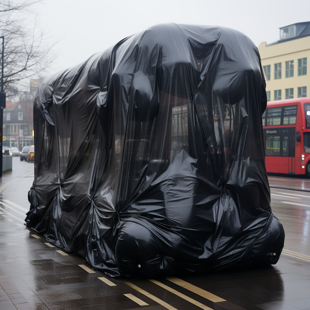 Giant garbage bag covering bus