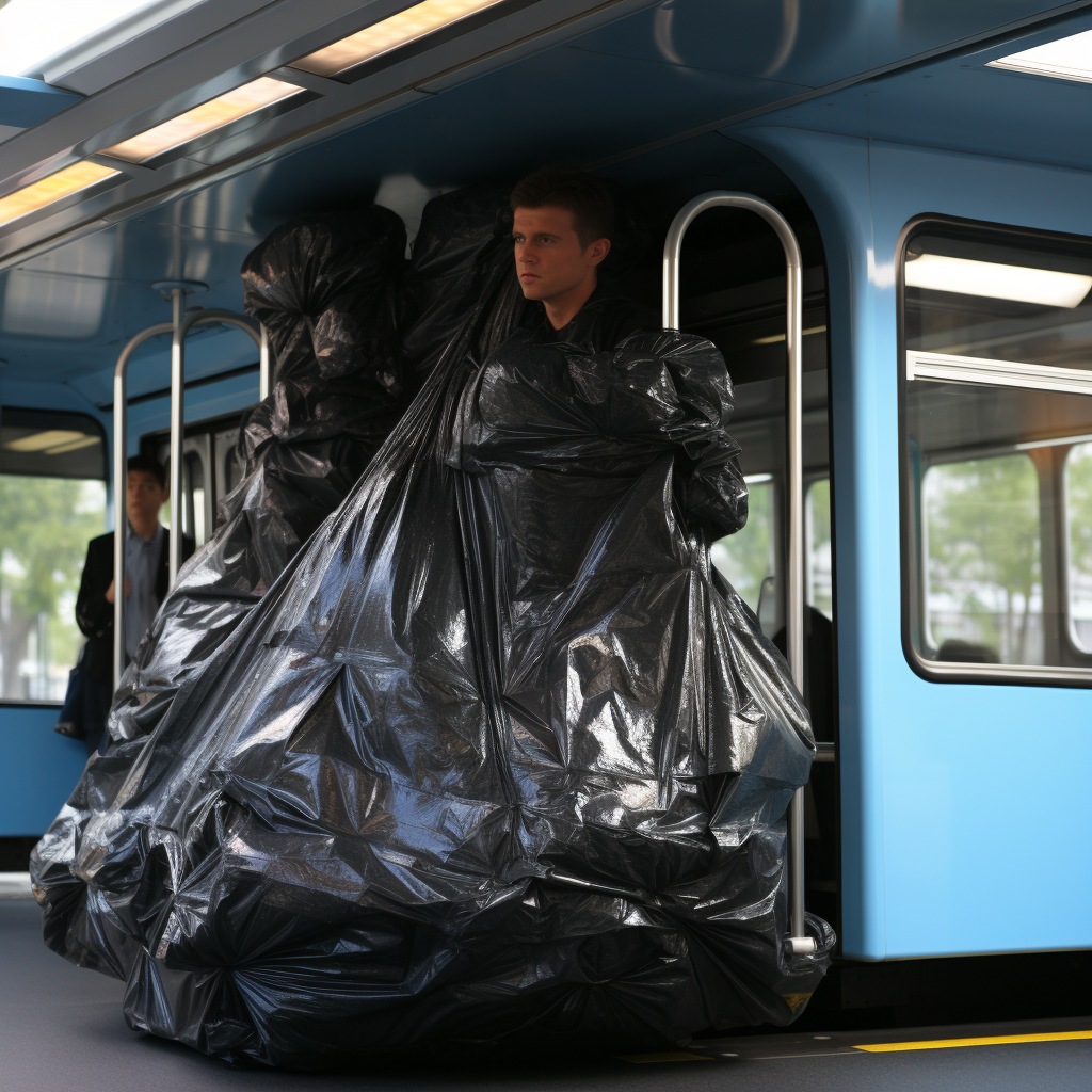 Massive trash bag on a city bus