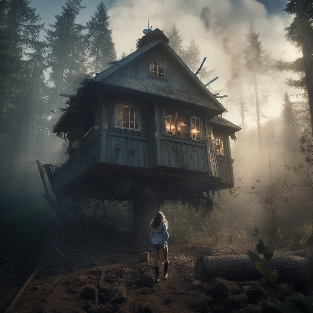 Surreal image of giant girl smashing tiny house