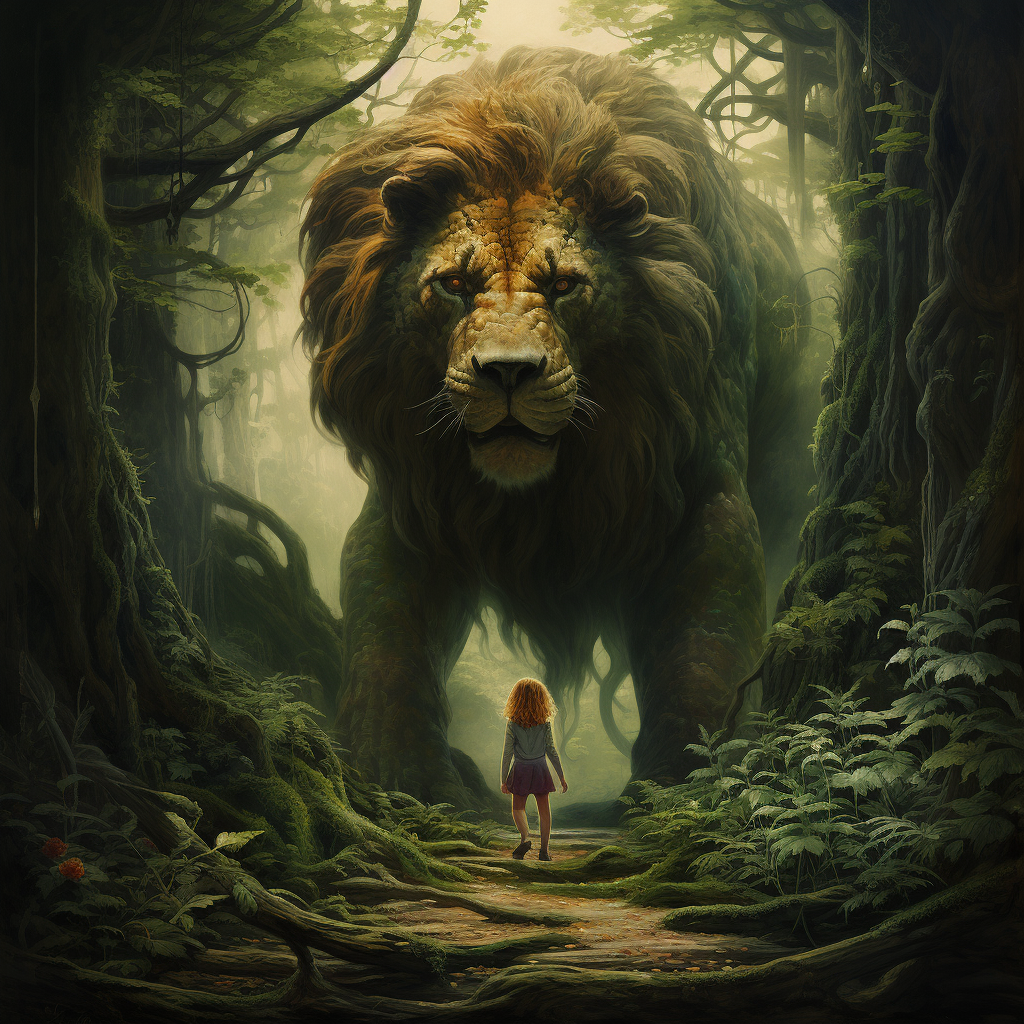 Giant overlooking girl and lion cub in magical forest