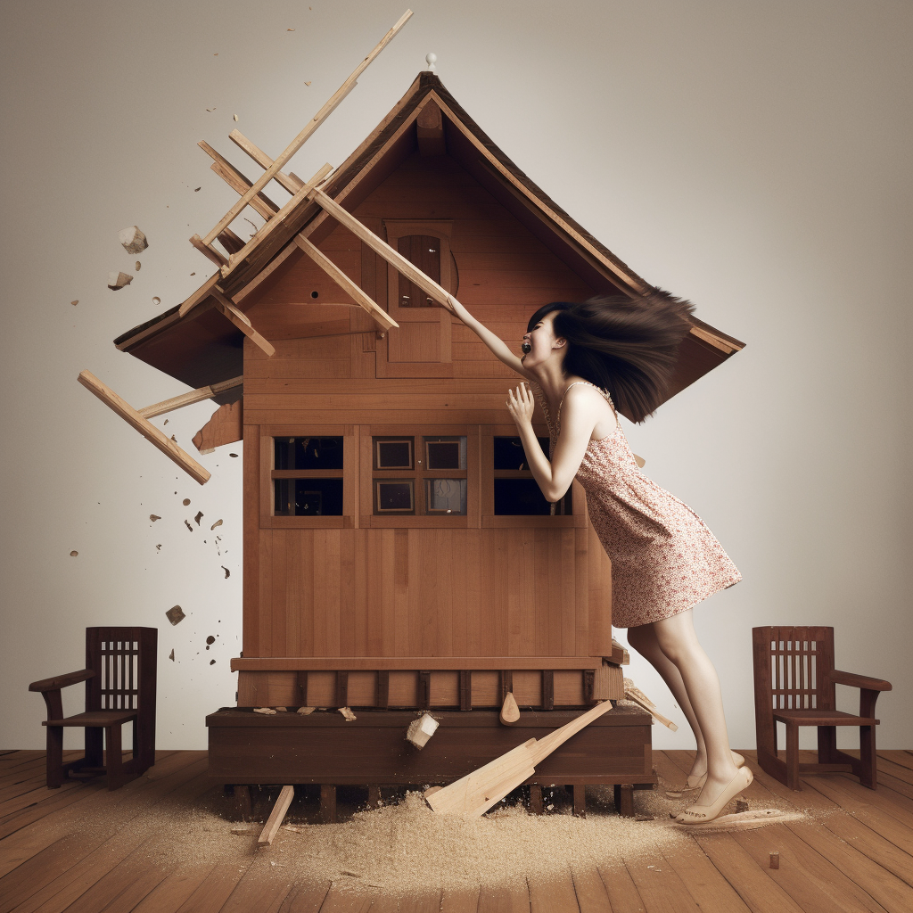 Giant girl smashing model house