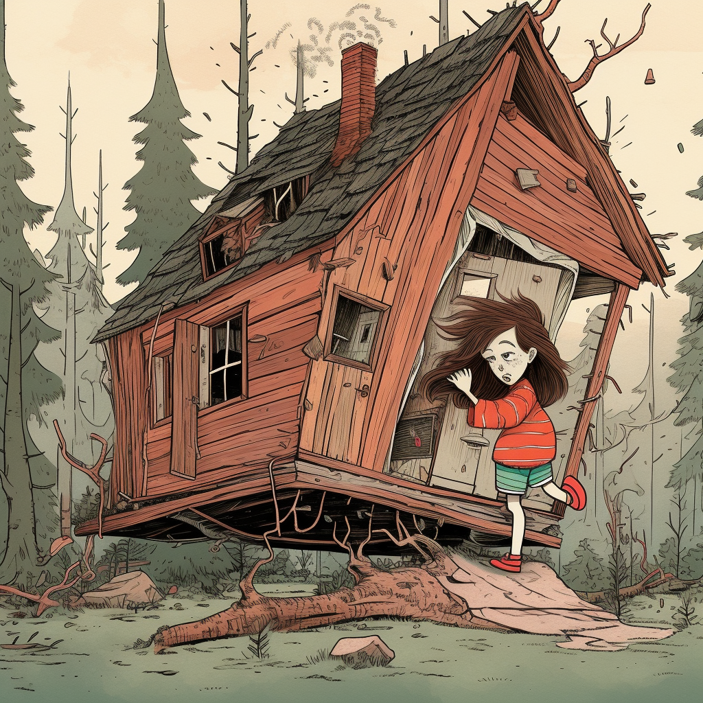 A giant girl smashing a tiny house in the forest