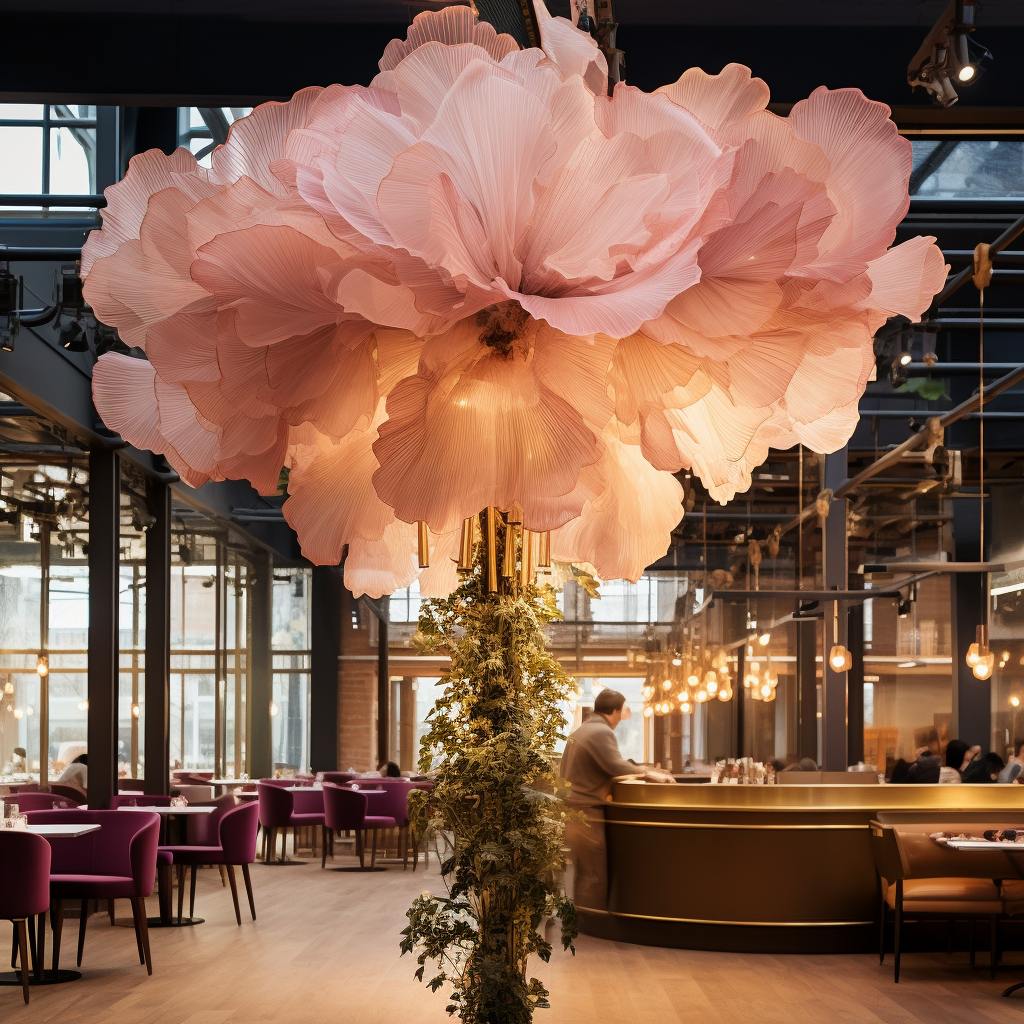 Glass cylinder with artificial flowers in a cafe