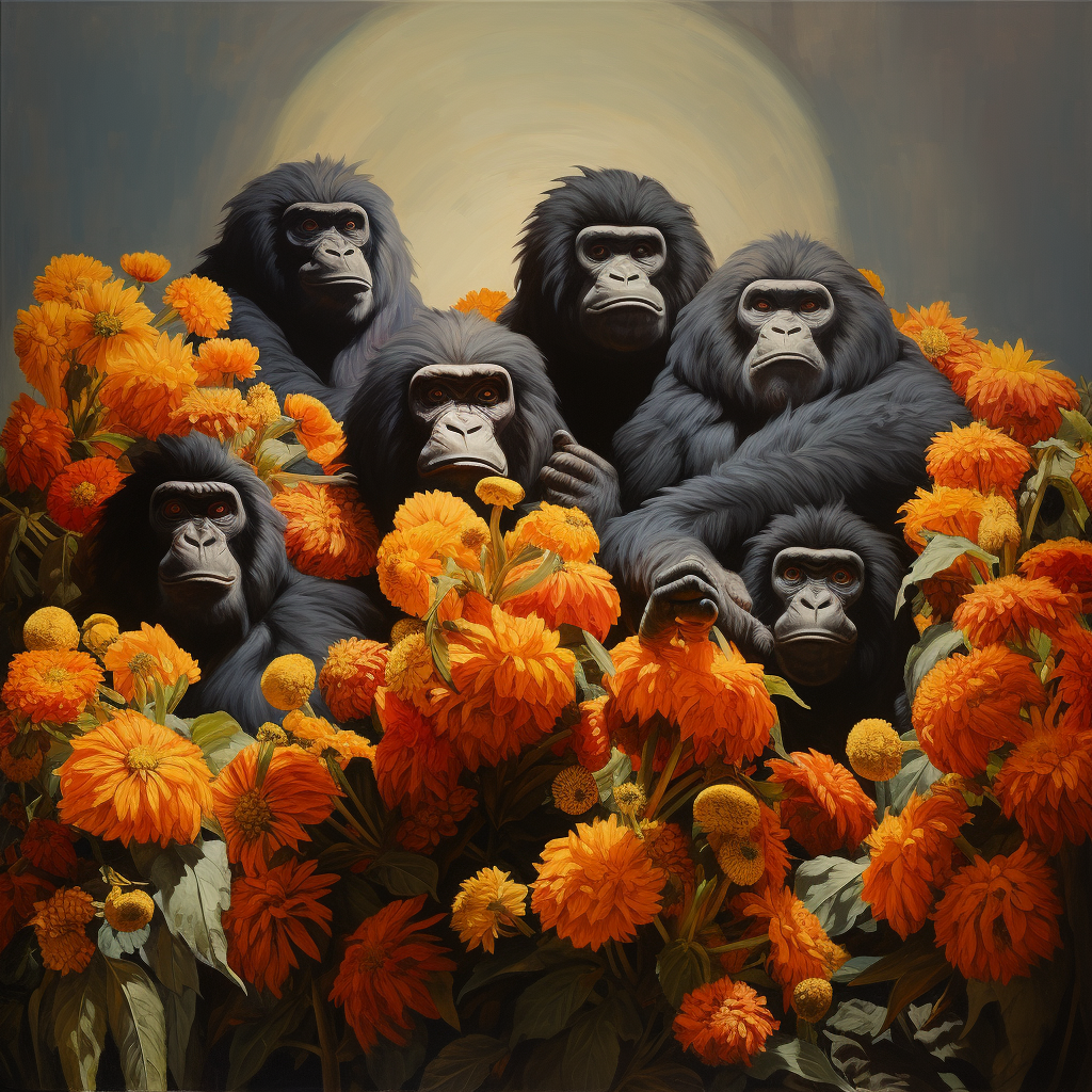 Group of giant gorillas with gerberas