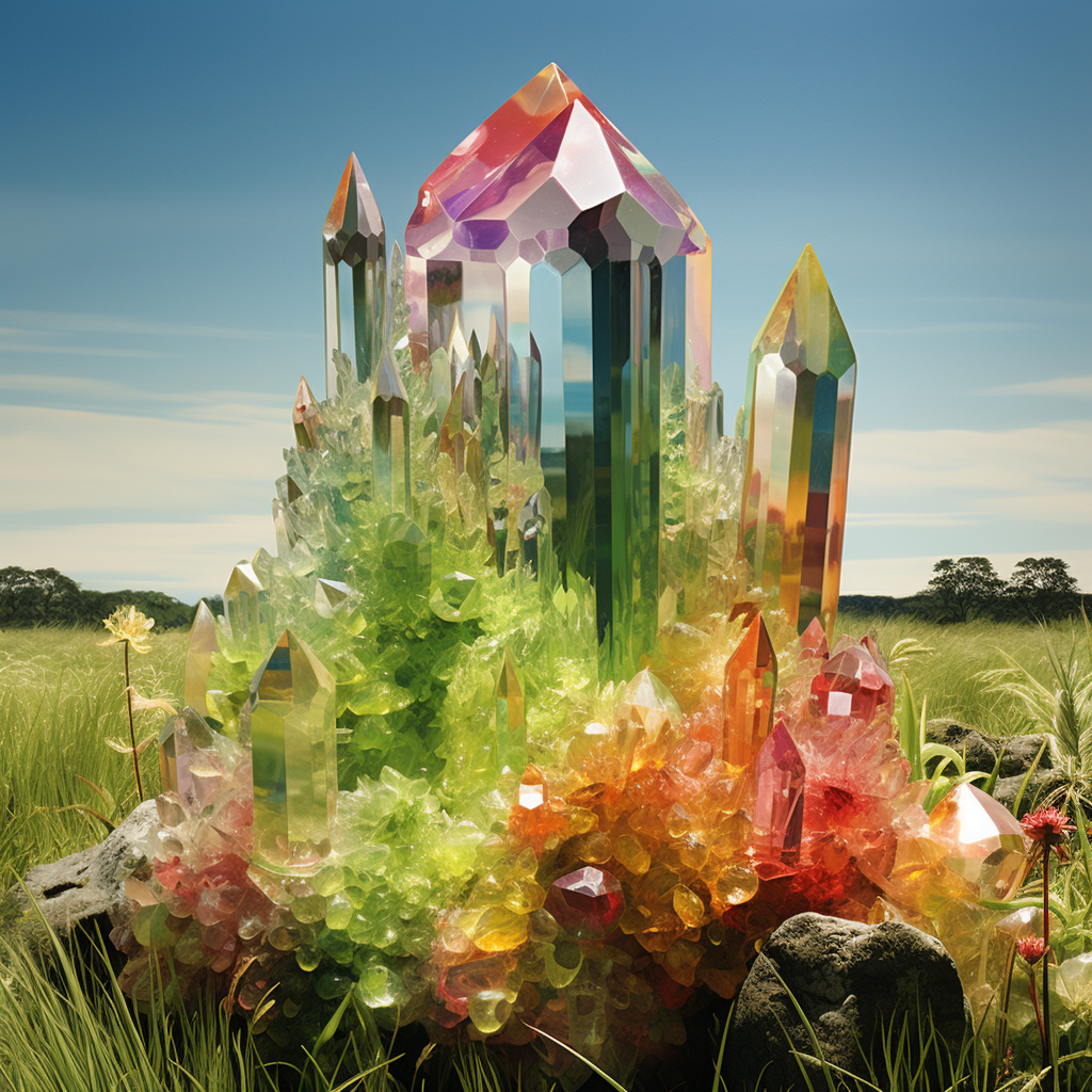 Beautiful rainbow crystals on a giant green field