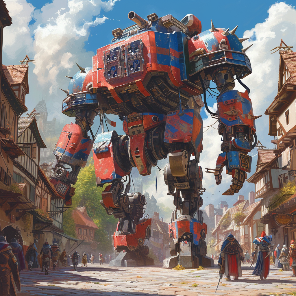 Giant Heroic Medieval Mech in Town