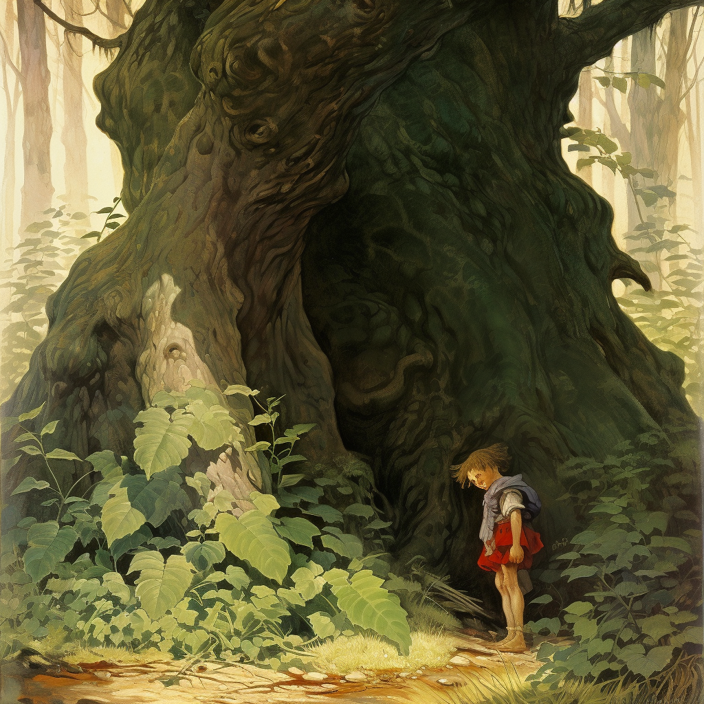 Colorful fairytale illustration with hiding giant