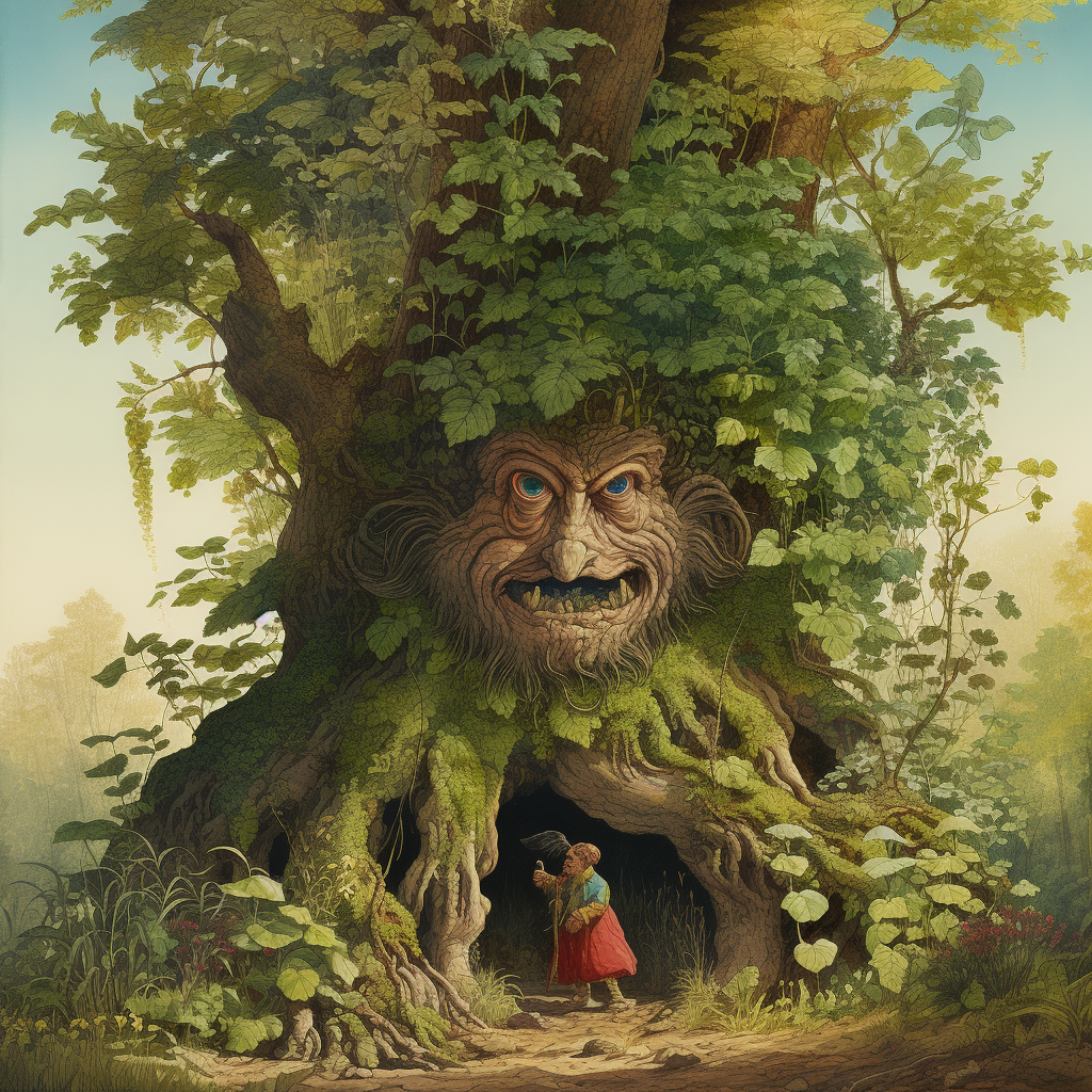 Colorful fairytale illustration of a giant hiding in the woods