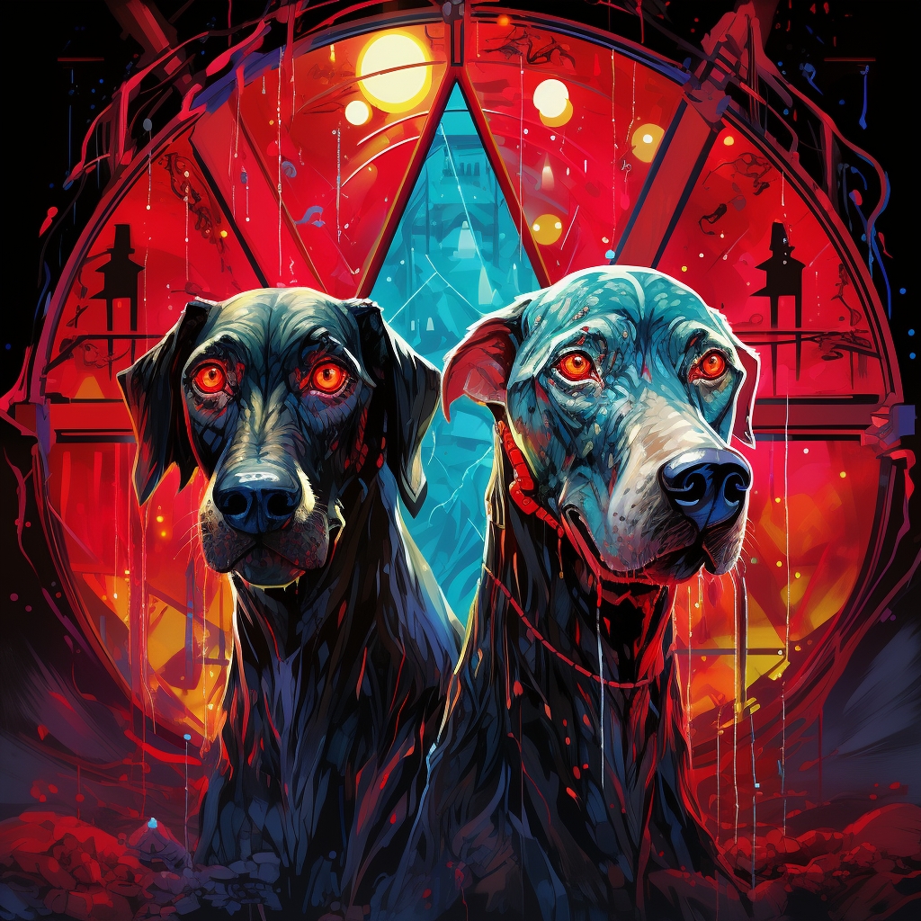 Giant hounds with glowing red eyes and fluorescent crystals