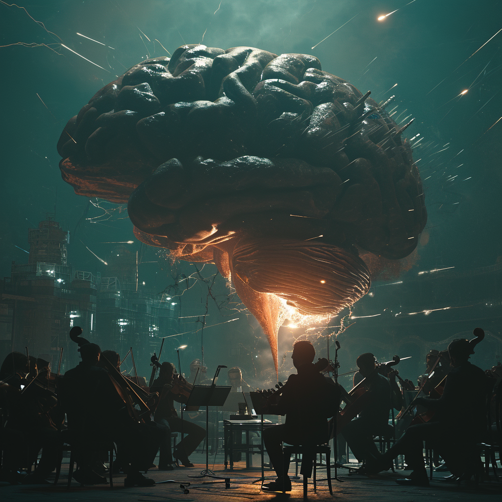 Giant human brain silhouette with orchestra