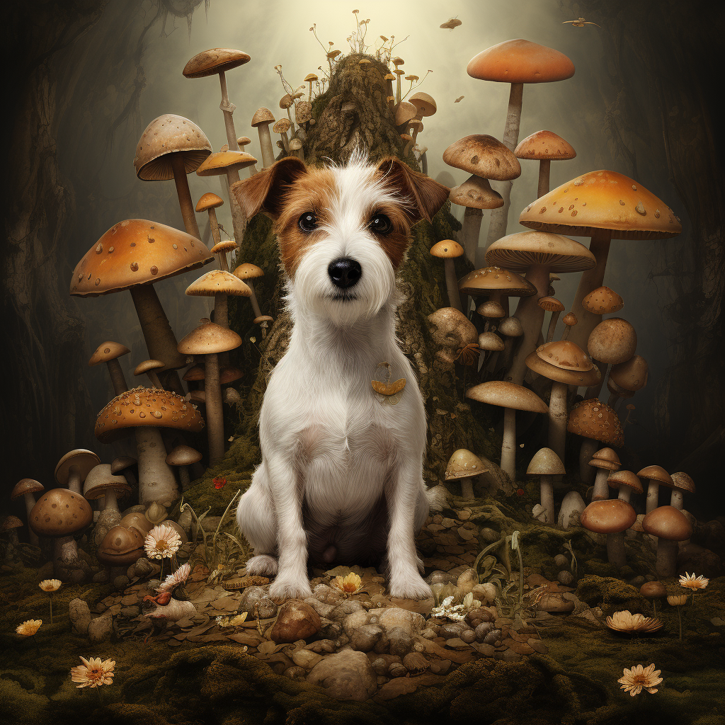 Giant Jack Russell Terrier with Tiny People and Mushrooms