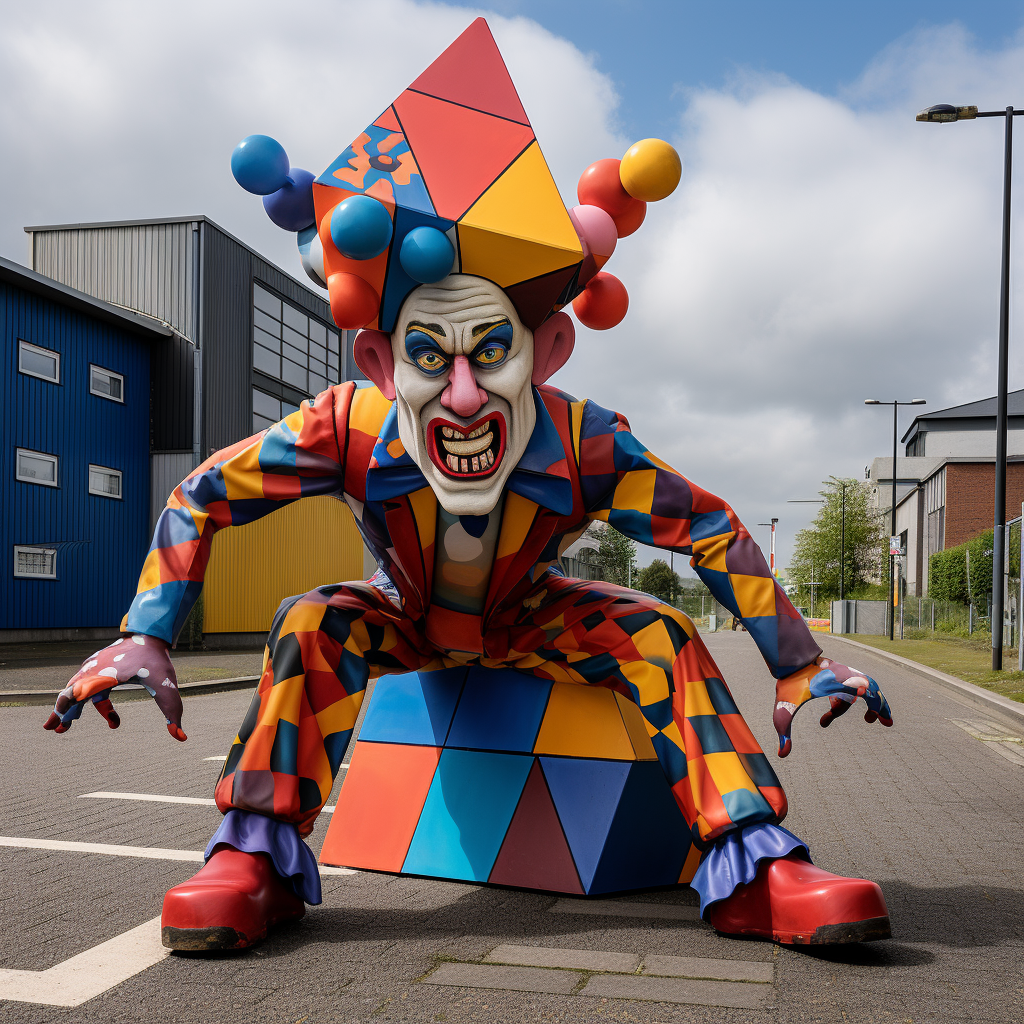 Giant jester on road with parking ban and cubes