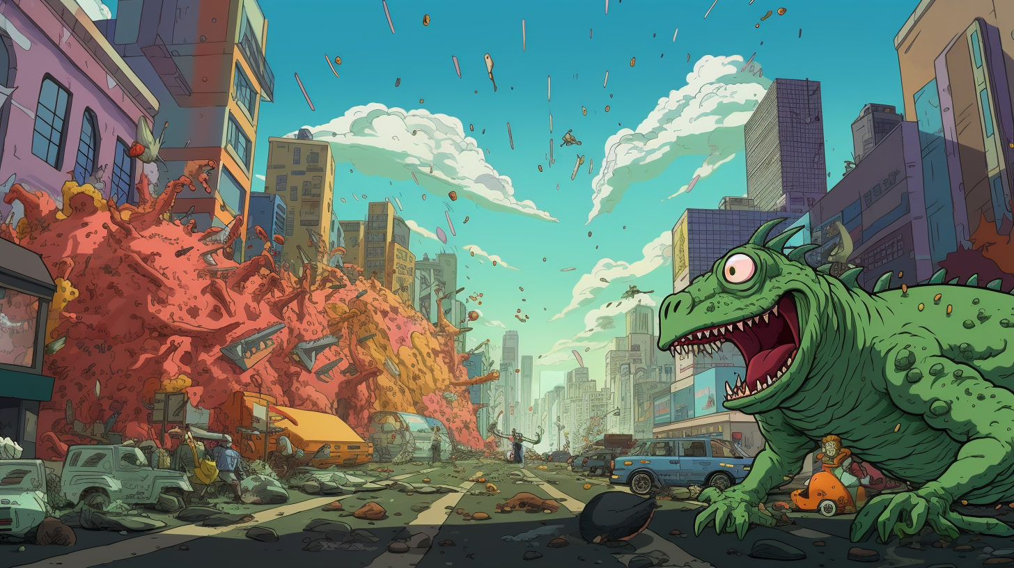 Cartoonish giant lizard destroying city