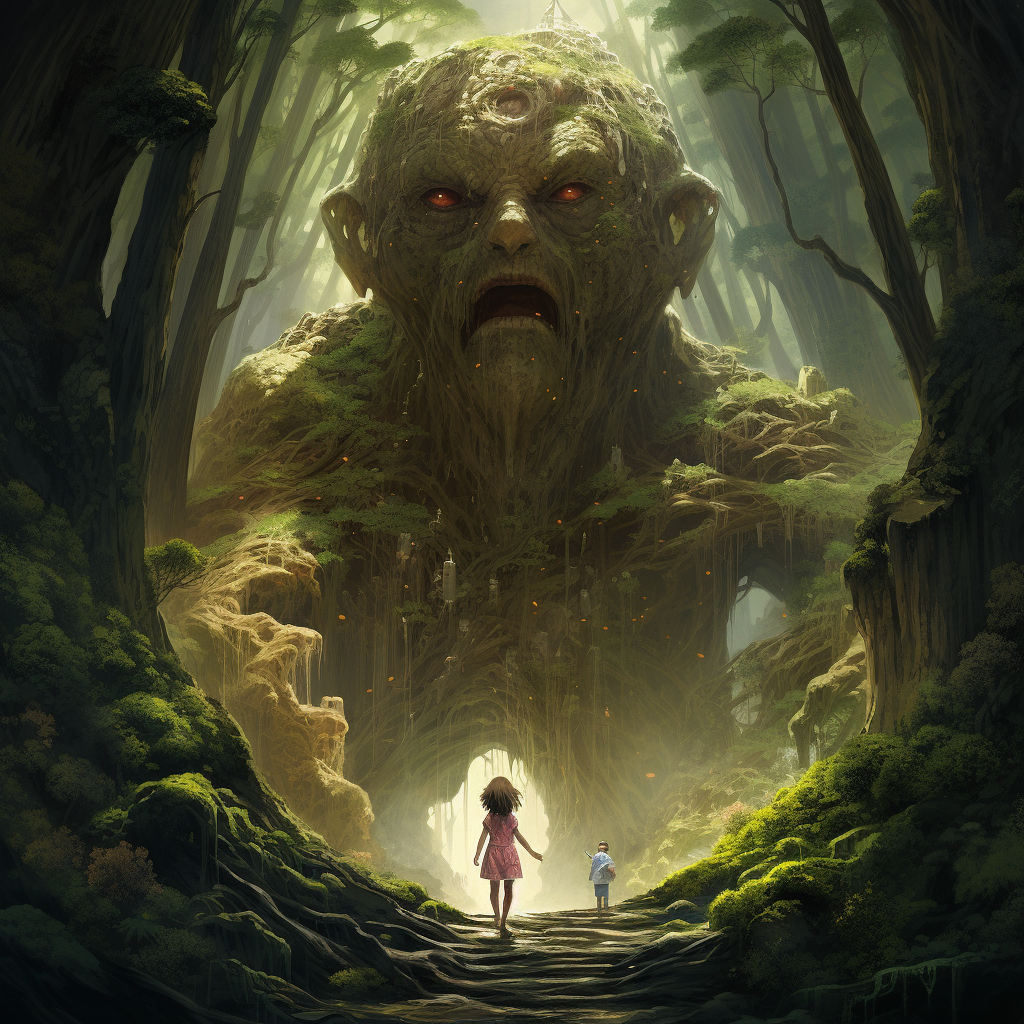 Magical forest giant with little girl