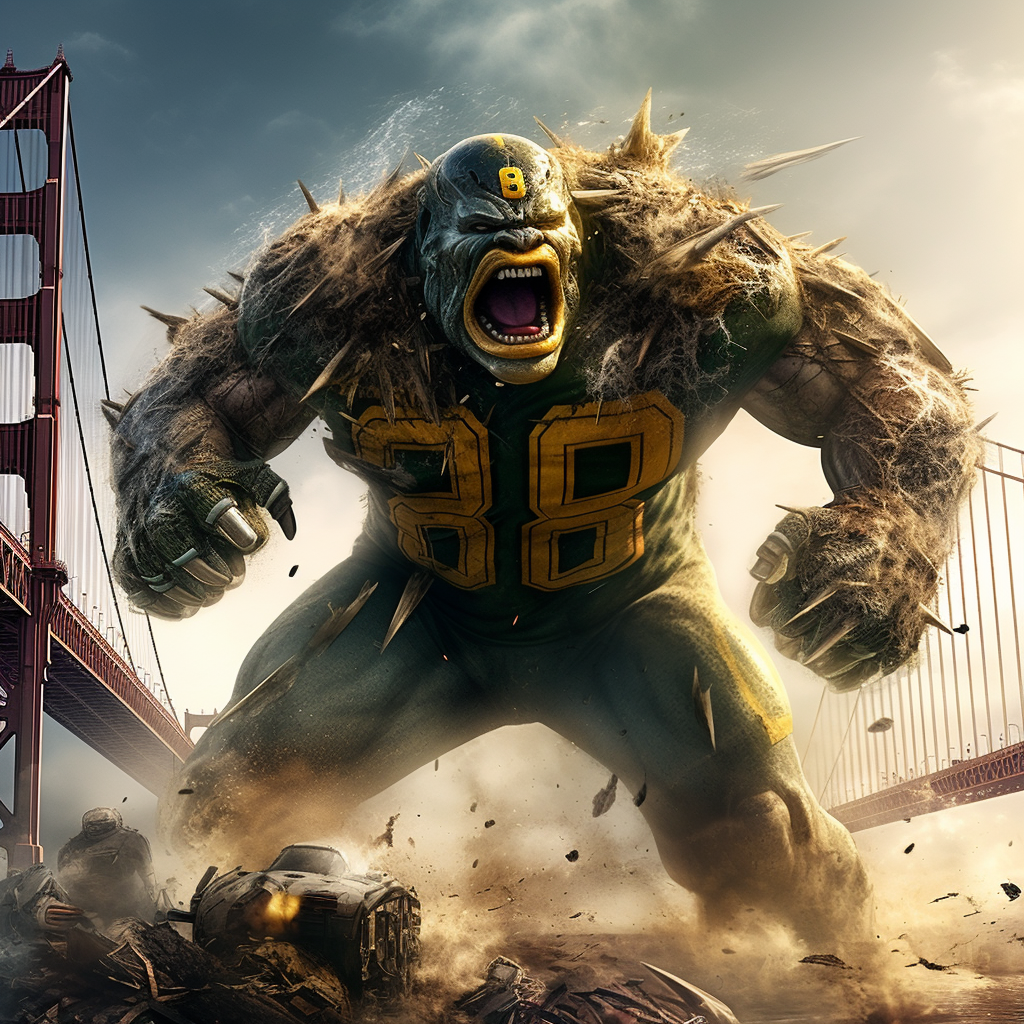 Giant Monster in GreenBay Packers Uniform Breaking Bridge.