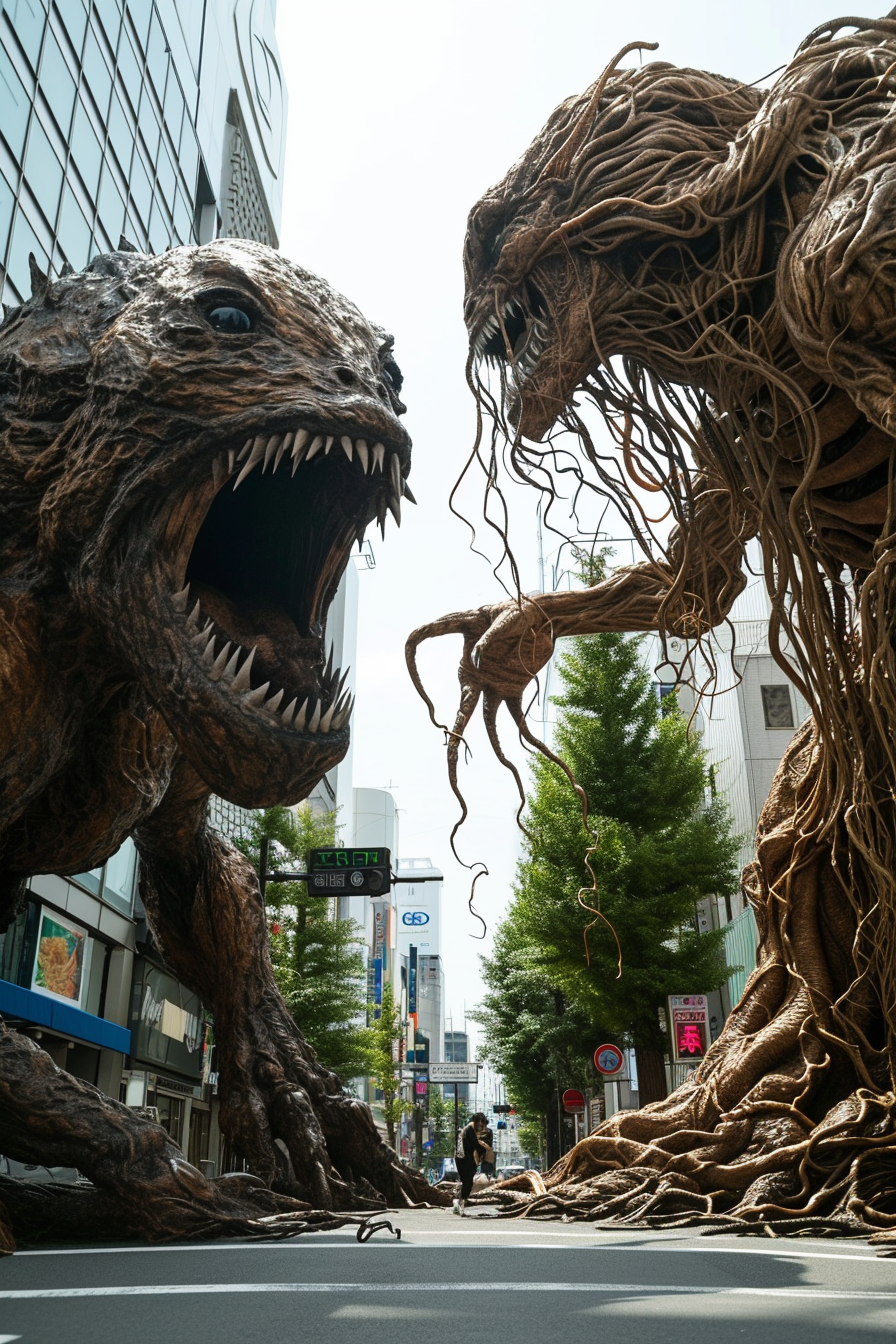 Two giant monsters battling in Tokyo