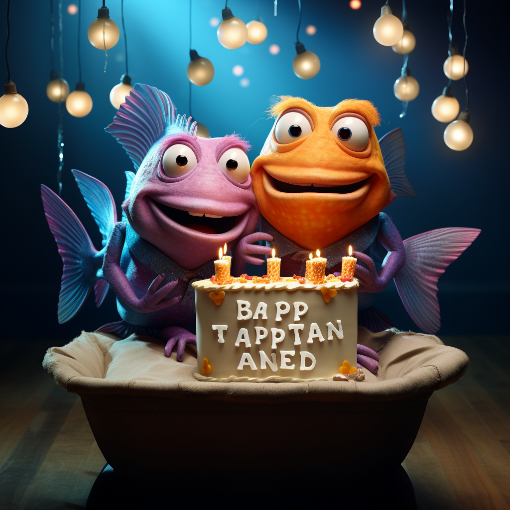 Giant Muppet Vampire Goldfish celebrating Karen's birthday