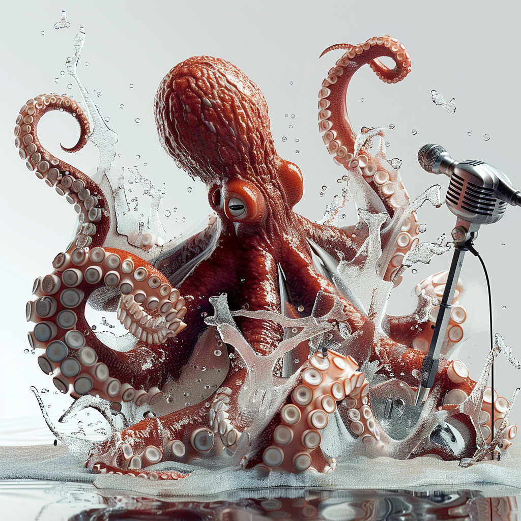 Giant octopus playing guitar and microphone