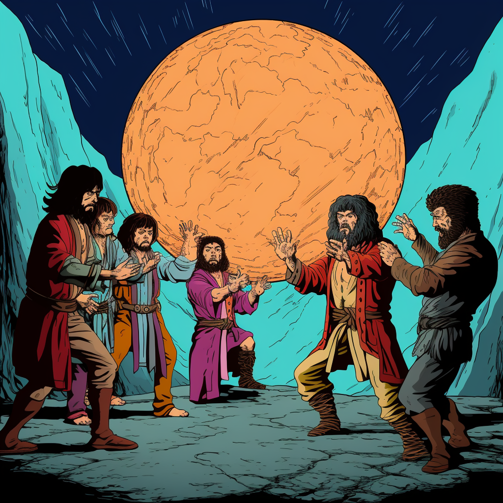 Cavemen worshipping giant orb in 1970s comic style