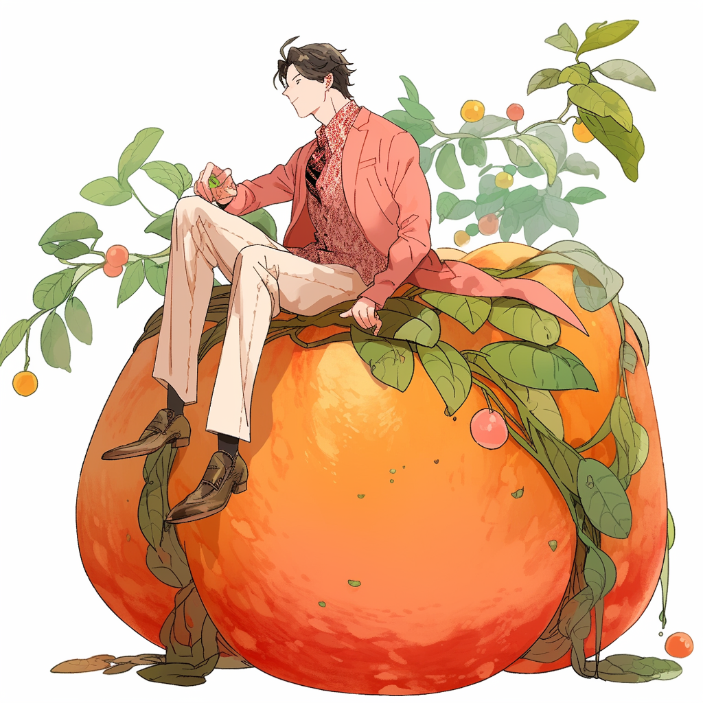 Man sitting on a giant peach