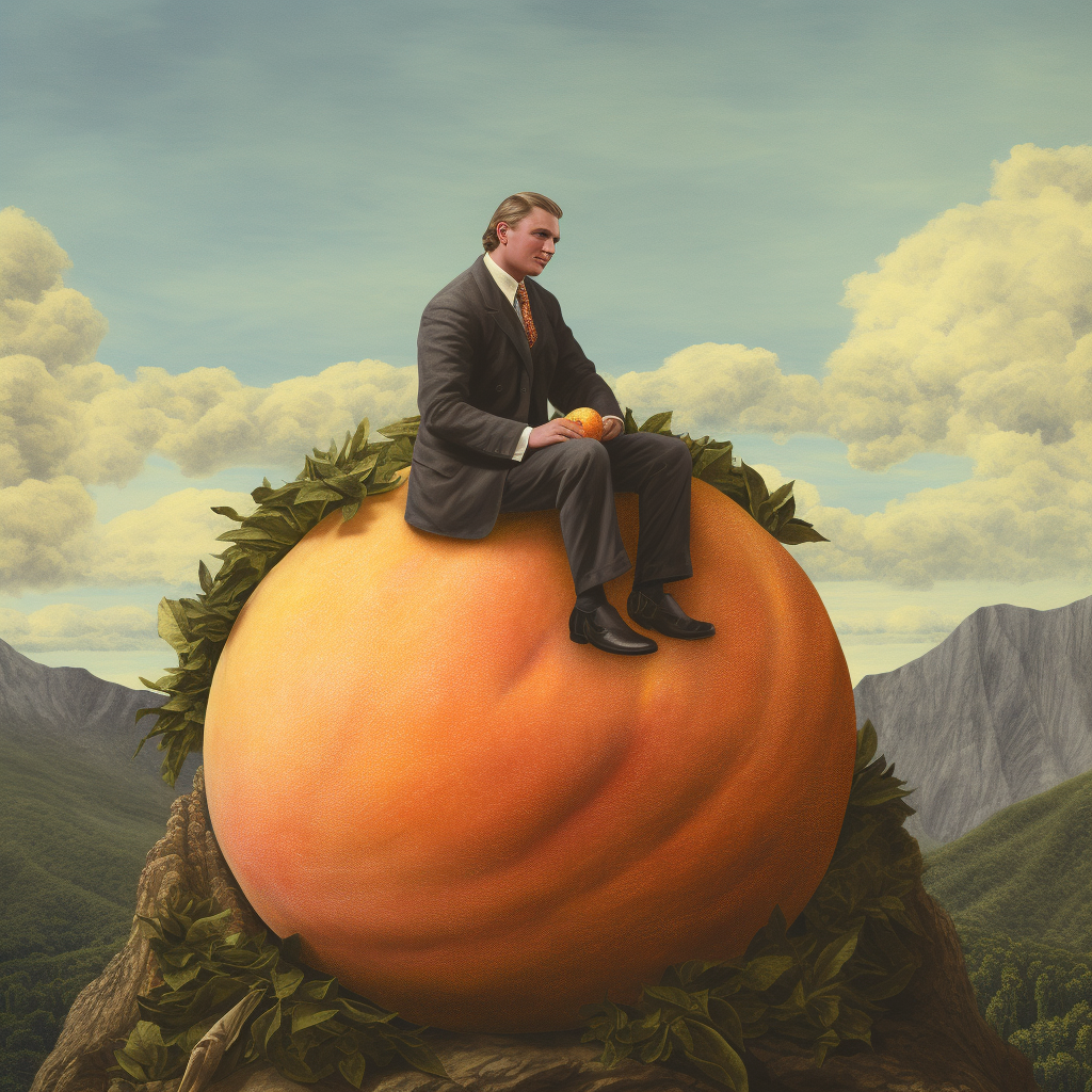 Man sitting on a giant peach