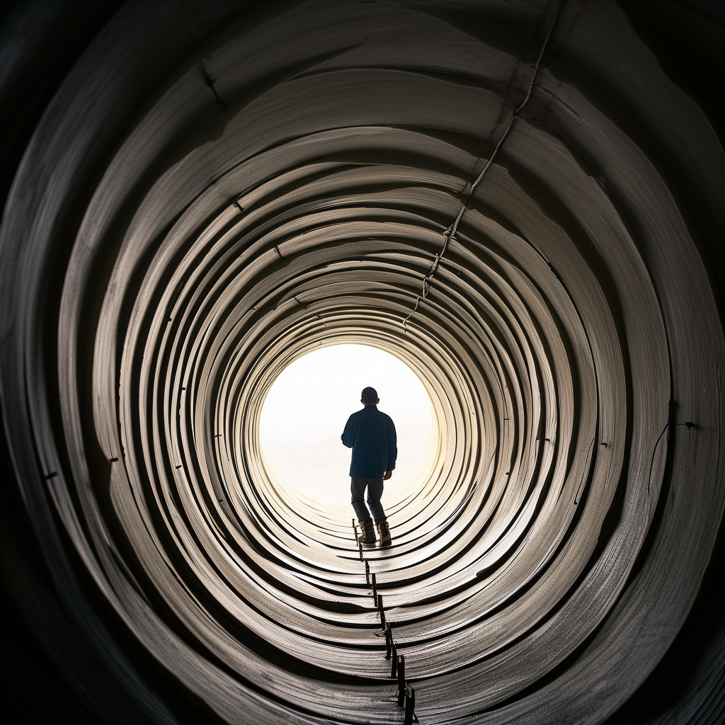 Climbing through giant pipe hole