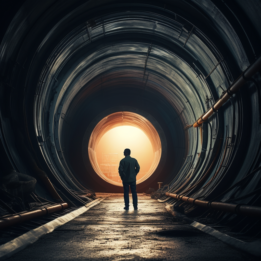 Maintenance guy stepping into giant pipe