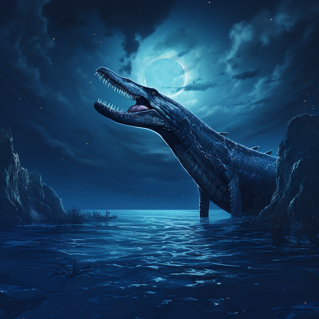 Majestic plesiosaur swimming under moonlit sky