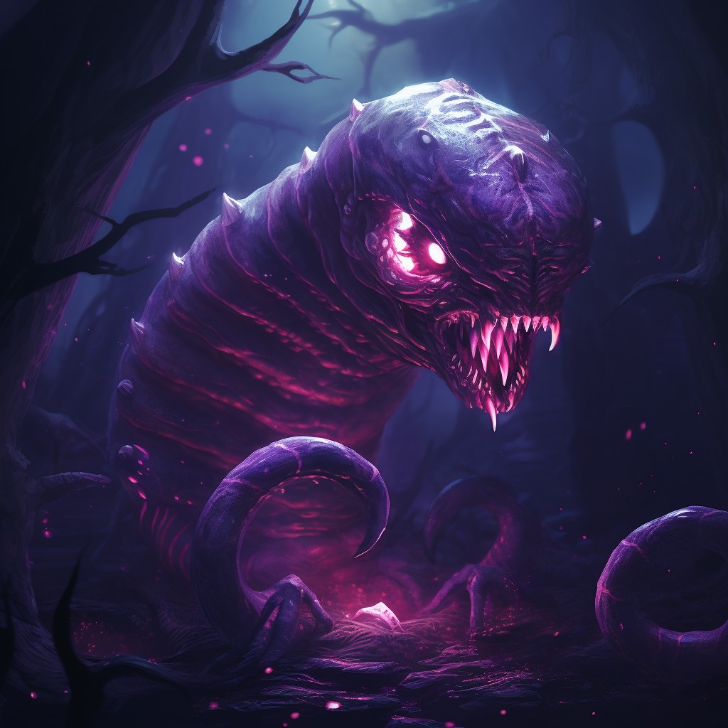 Giant purple demon worm with glowing eyes