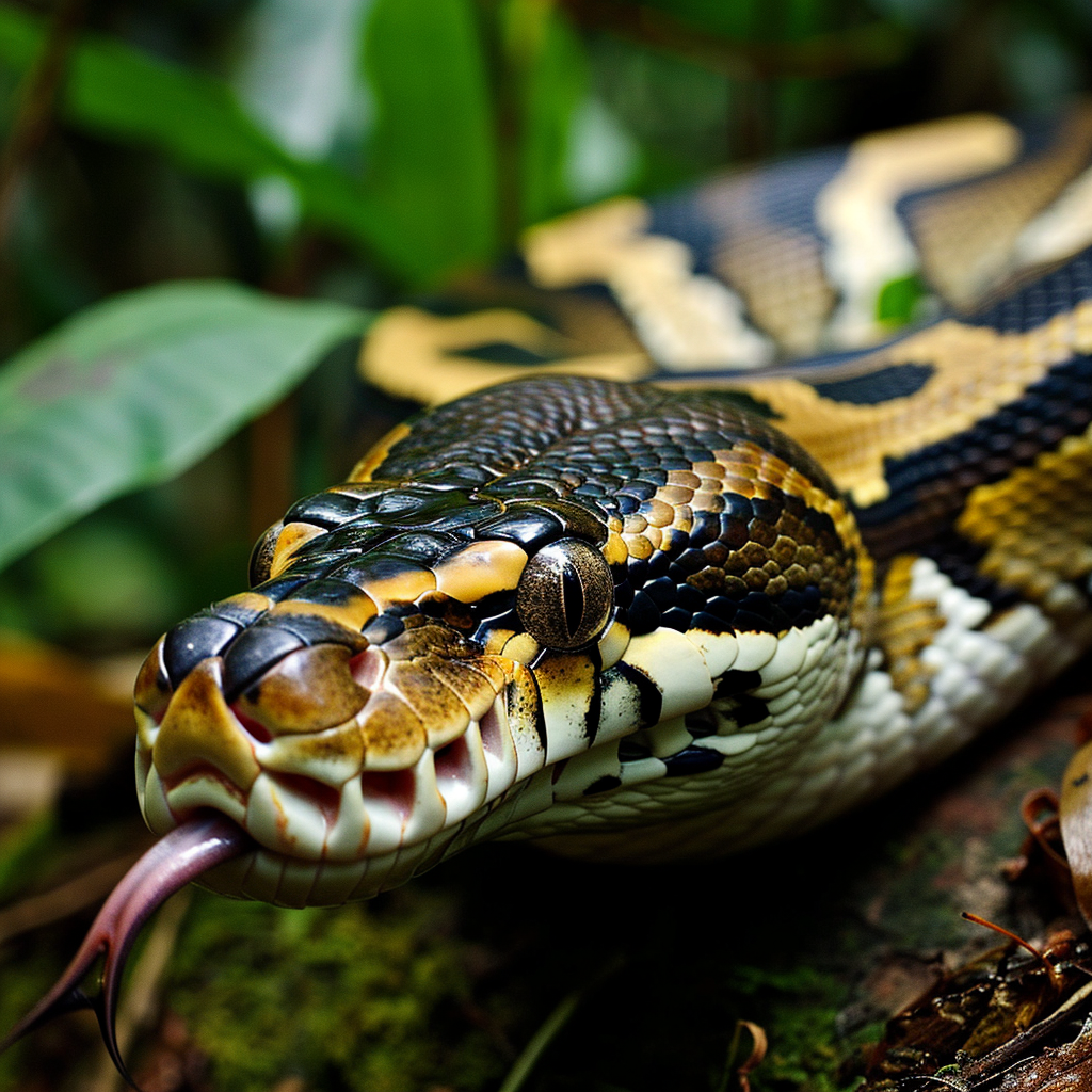 Giant python in Amazon rainforest sticking out tongue