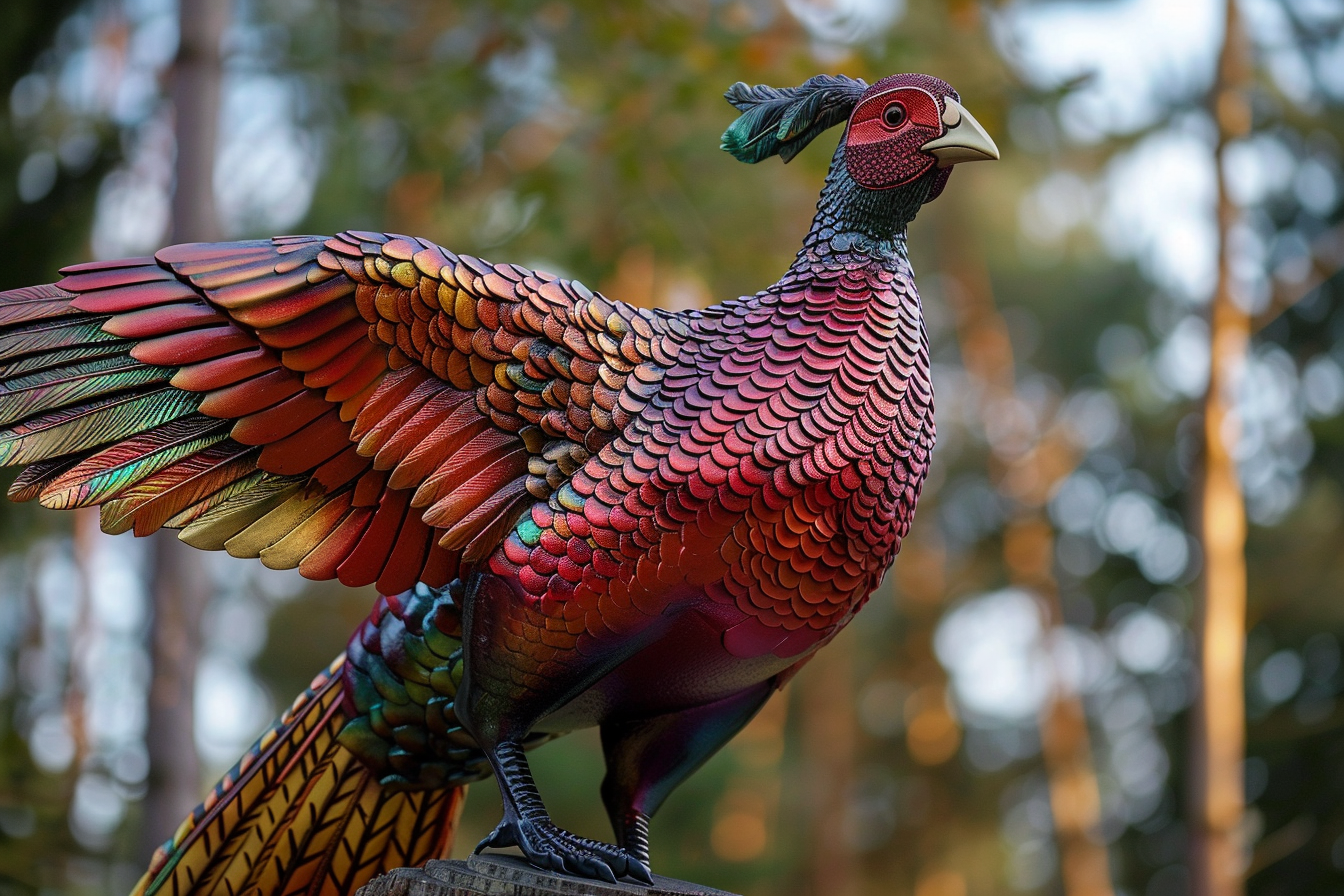 Red pheasant statue outdoors