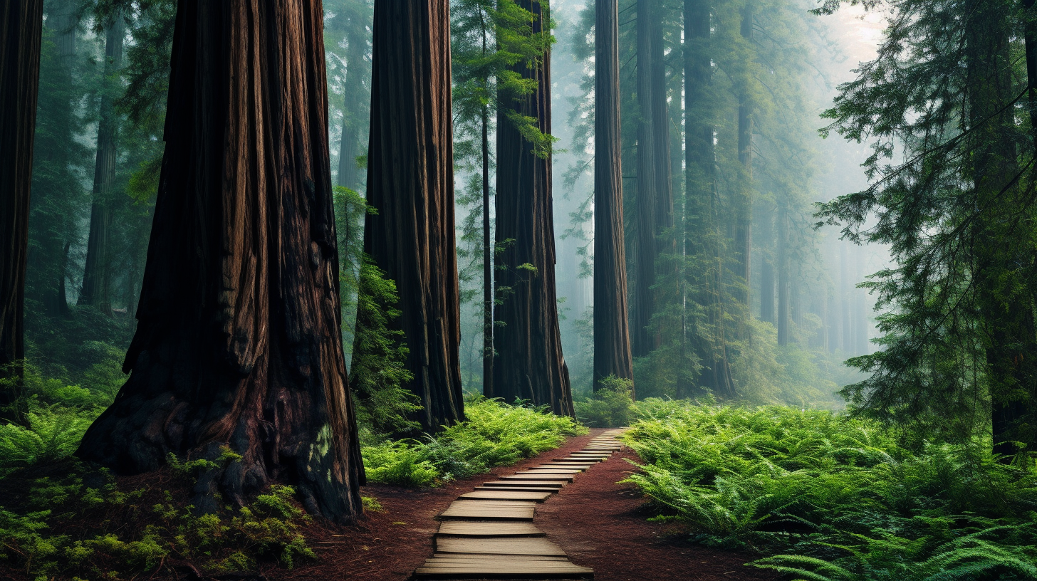 Path leading to cliff in redwood forest