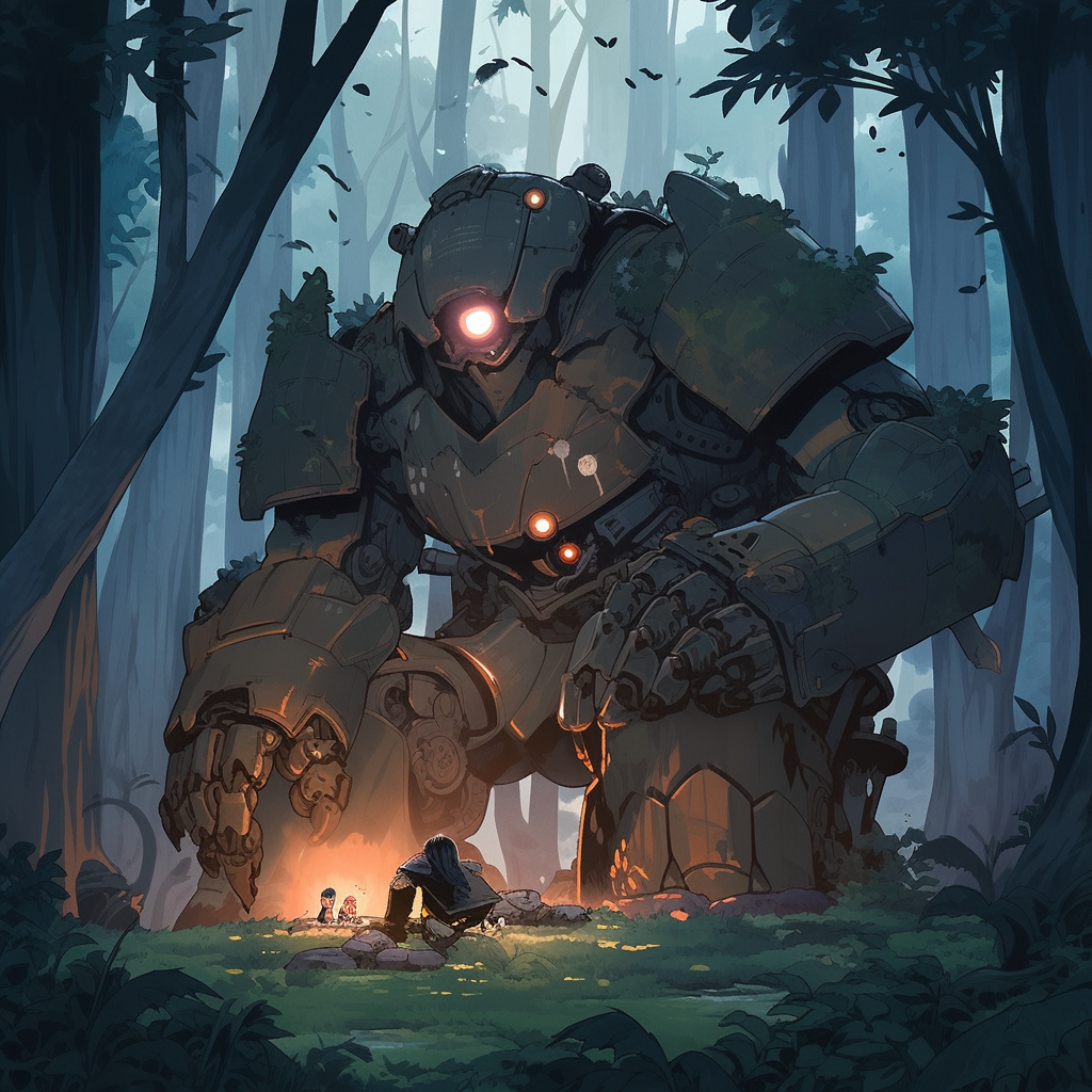 Giant robot kneeling near castle in a forest