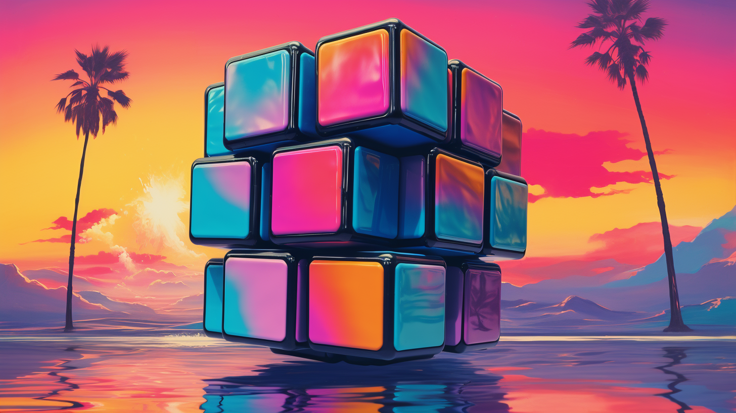 Colorful giant Rubik's cube on a vaporwave background