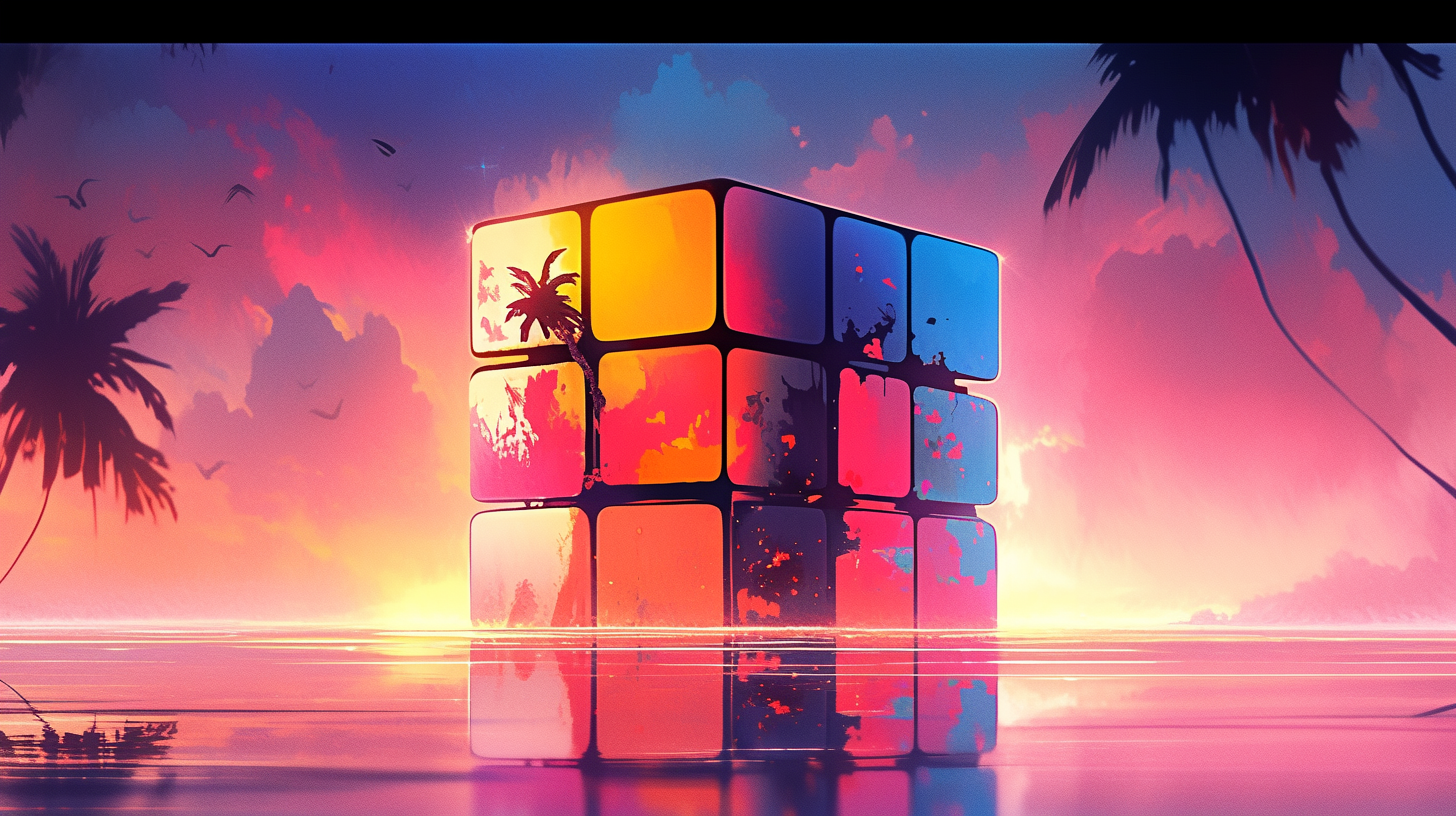 Colorful giant Rubik's cube in a retro vaporwave style