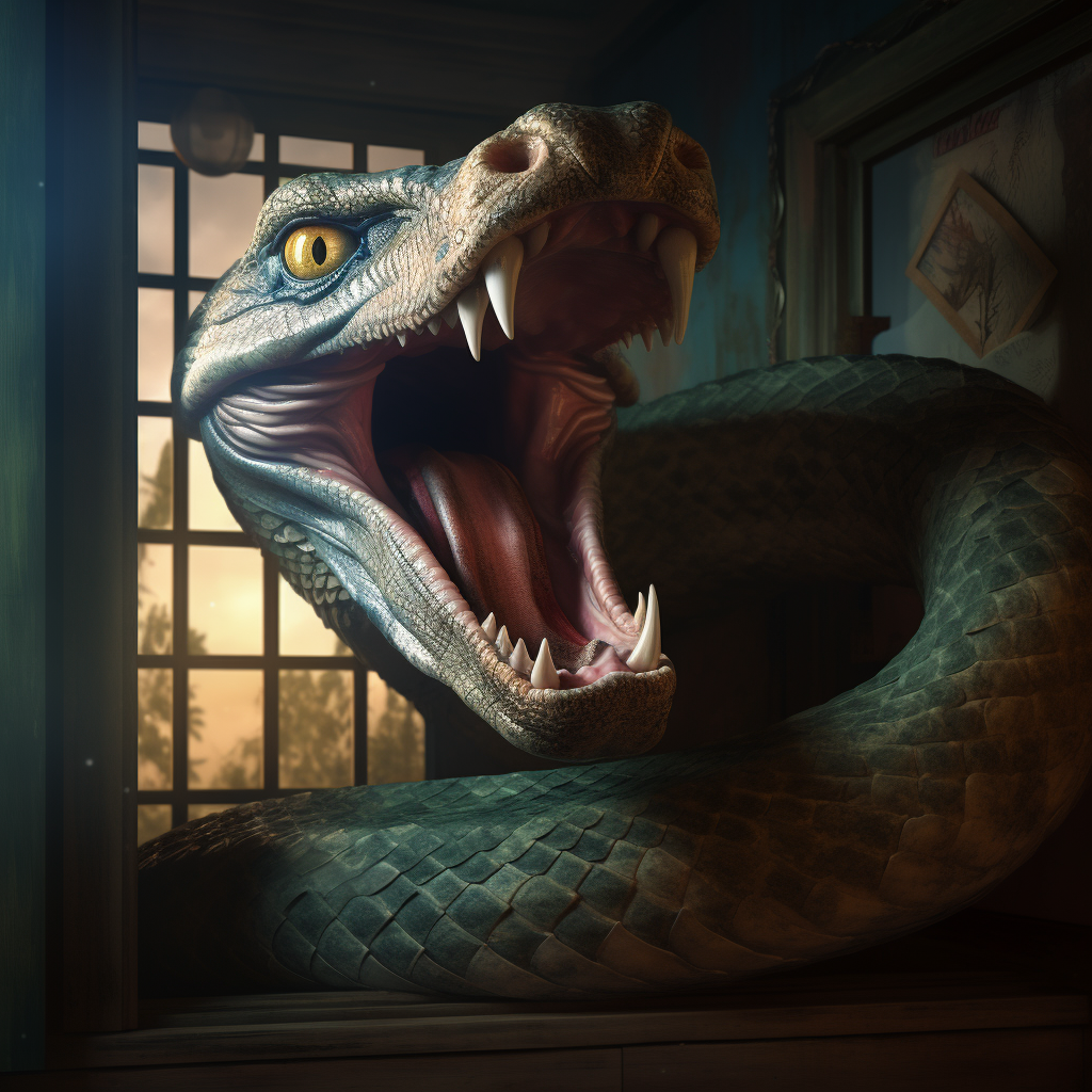 Giant serpent crashing through window