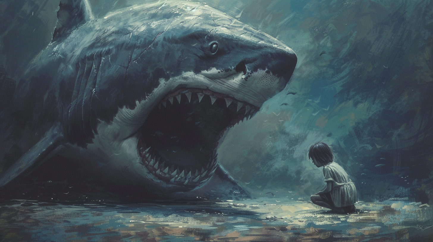 Giant shark guarding crying child