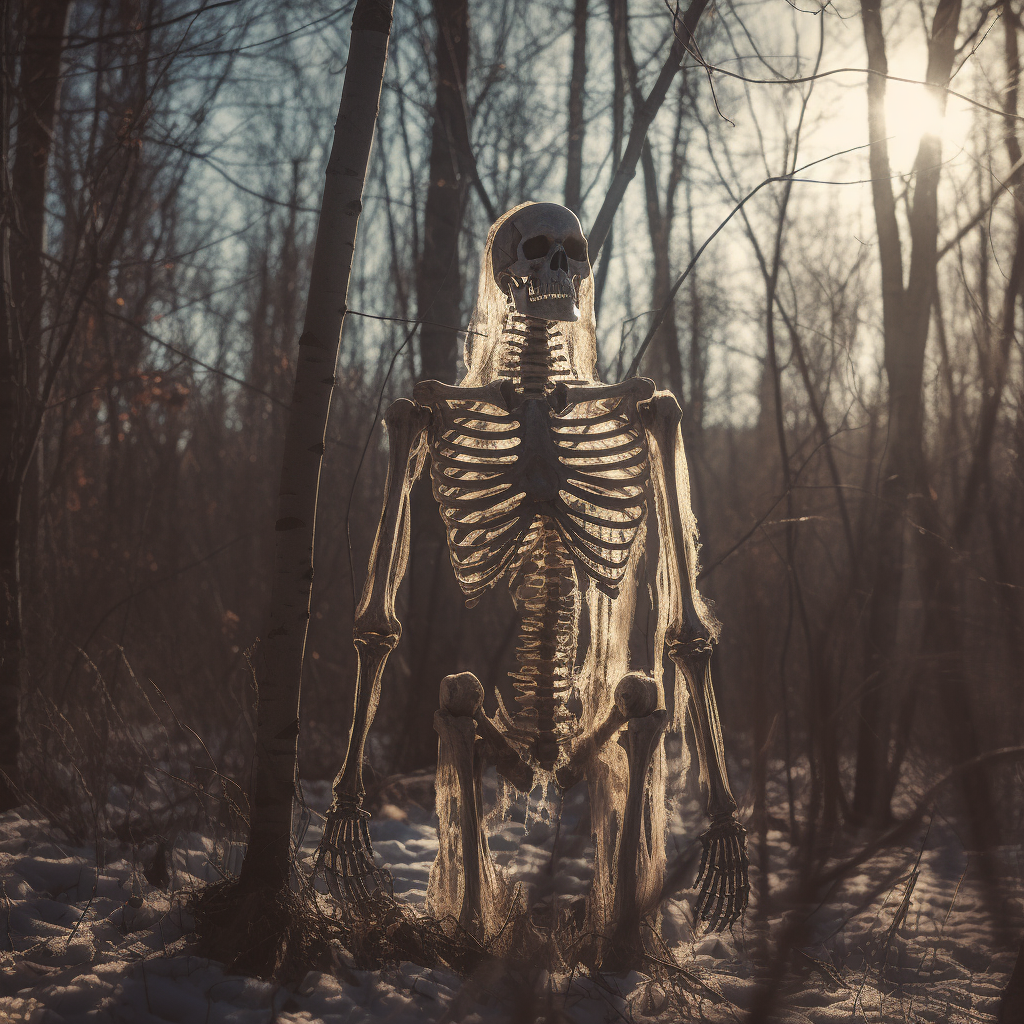 Hyper realistic giant skeleton in winter forest