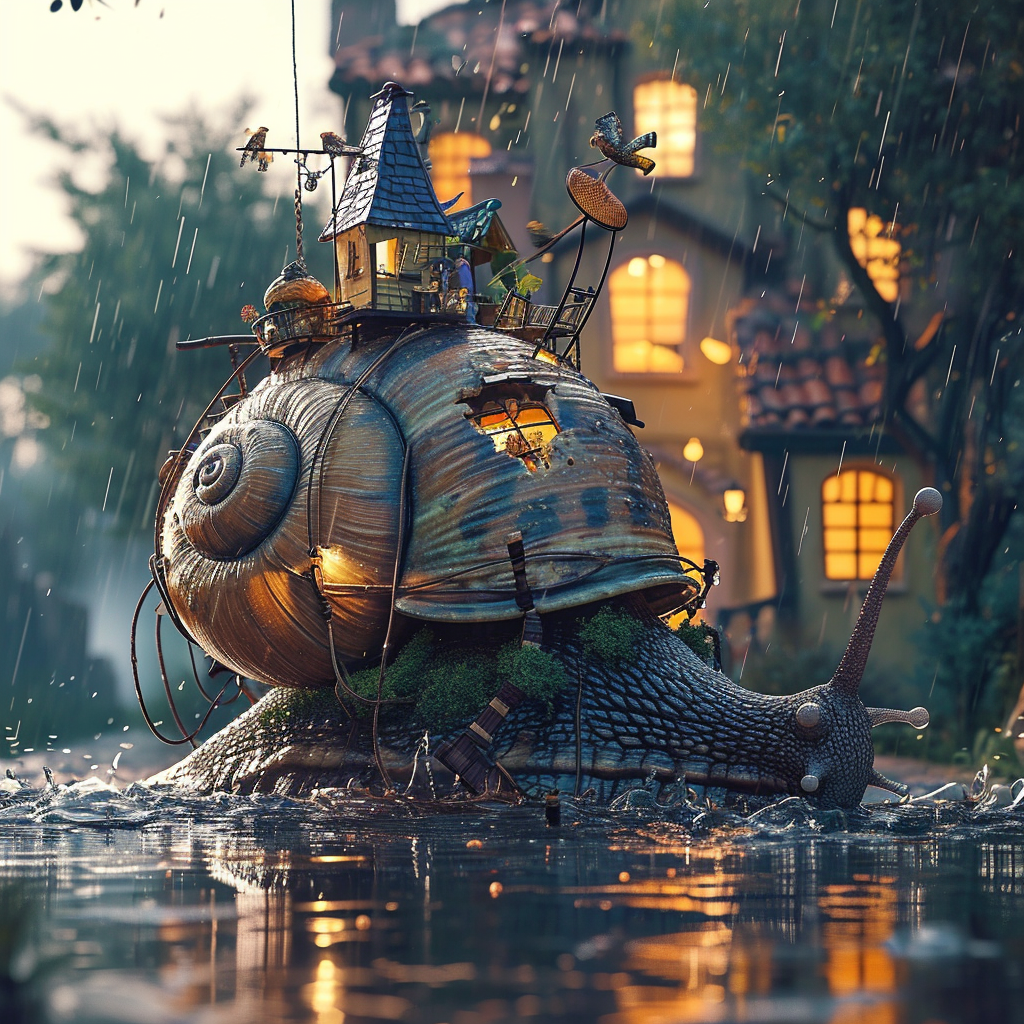 Giant snail with house in rain